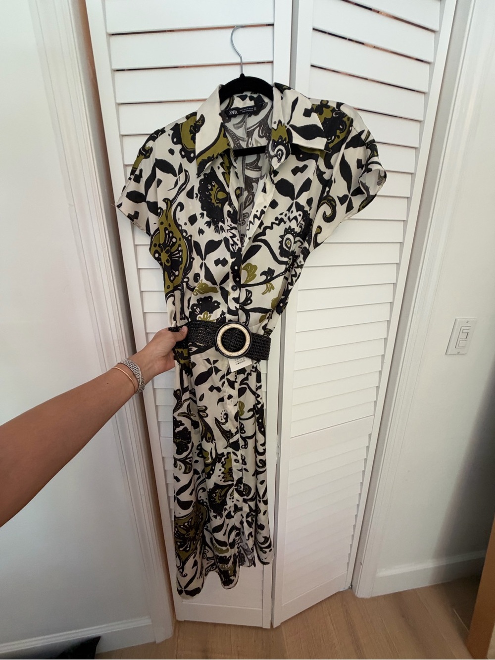 Zara Print Shirt Dress with Black Belt - Olive & Black